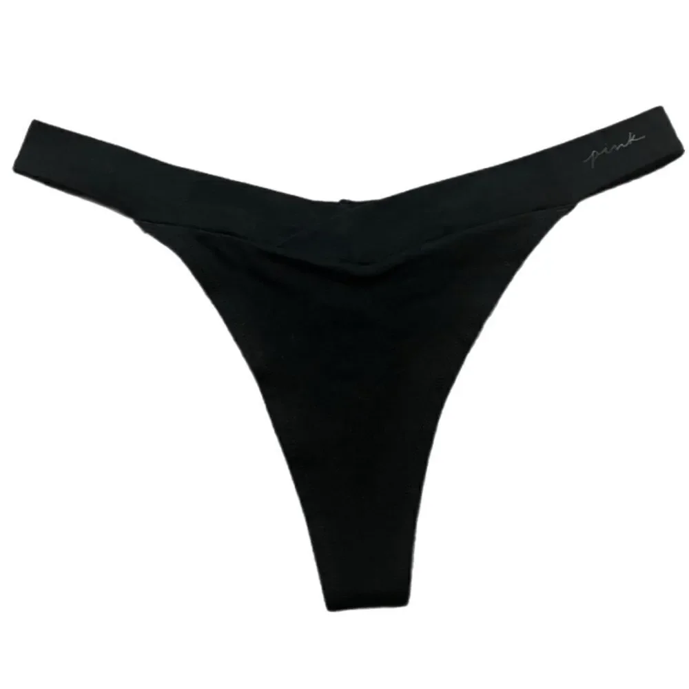Victorias Secret Pink Soft Cotton Thong Panty Script Logo Black